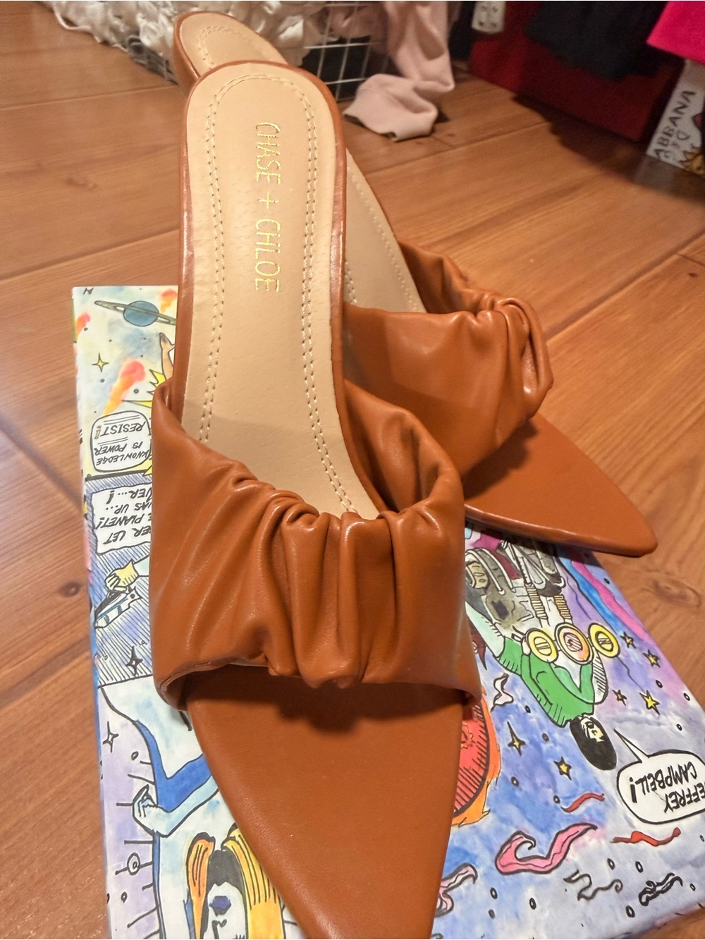 Chase + Chloe Tan Ruched Pointed-Toe Mule Heels